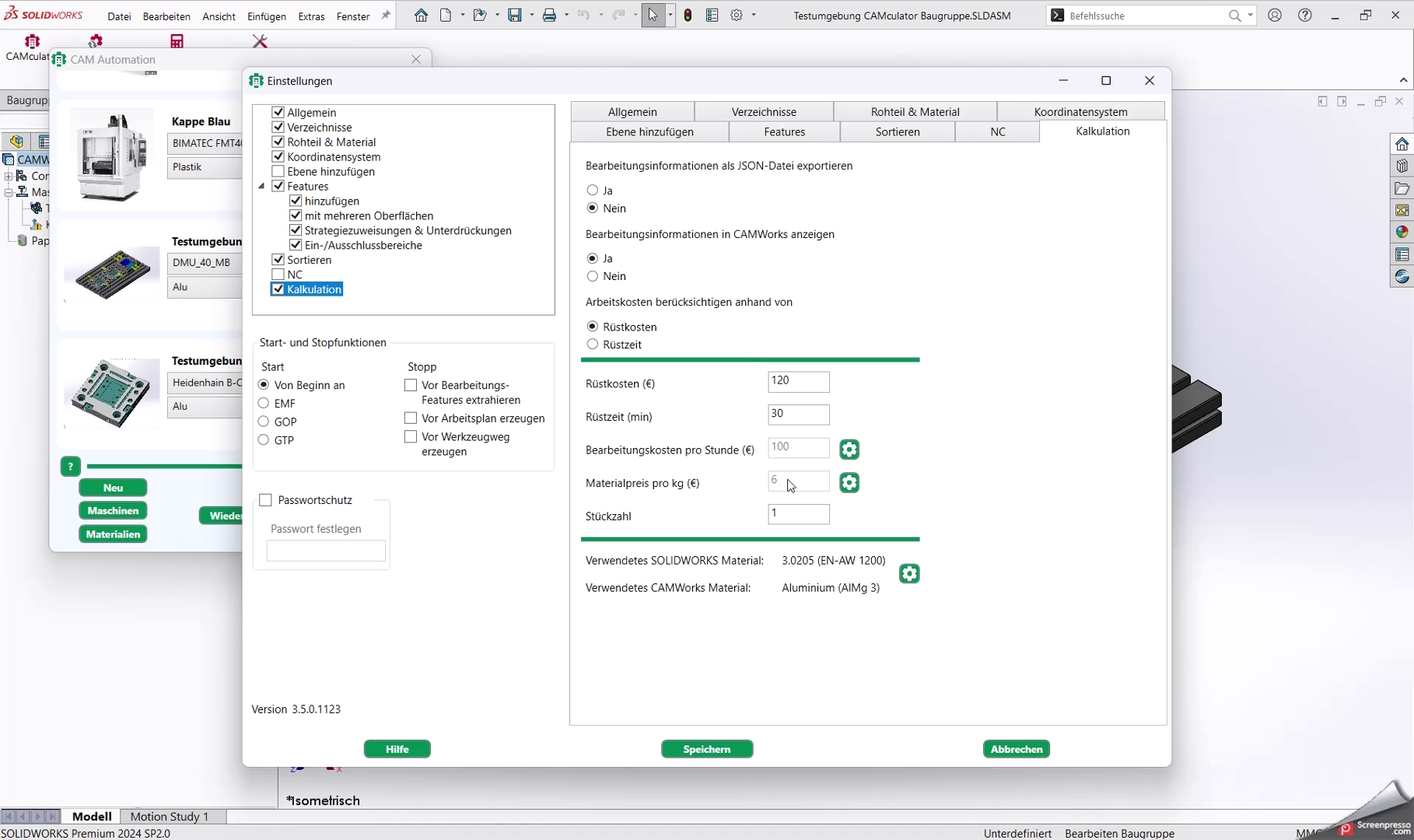 CAMculator Automation Einstellungen Kalkulation